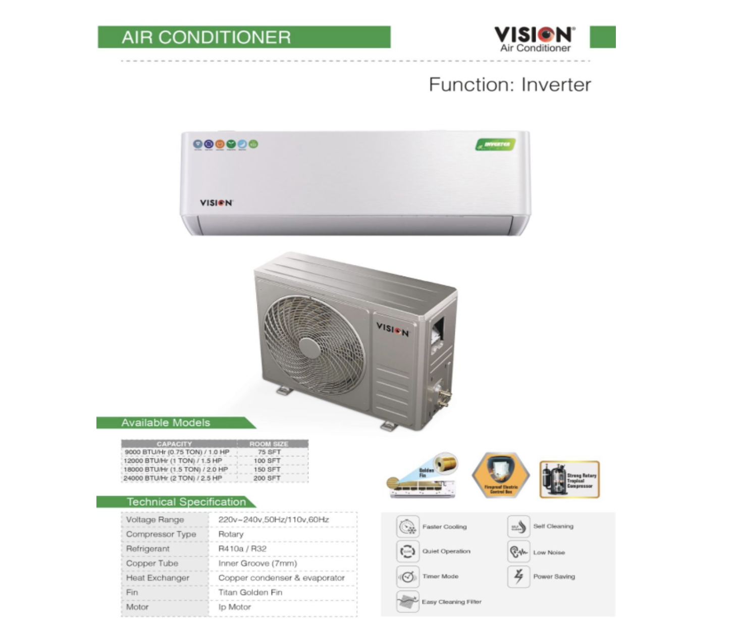Vision AC 1.0 Ton-APCI Invertor COOLING MOTOR - CFC FREE-3D PRO-12000 Btu/H